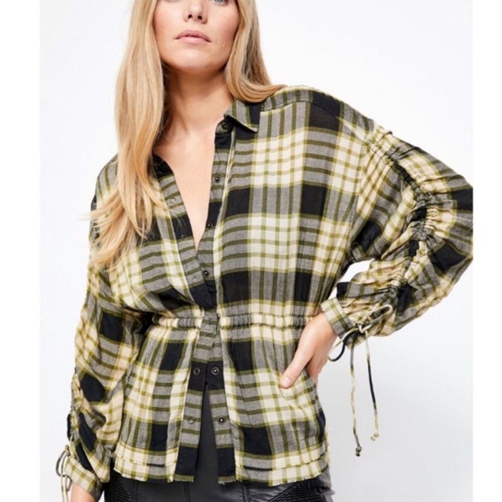 We The Free Button Down Women Small‎ Green Plaid Ruched Waist Free People
